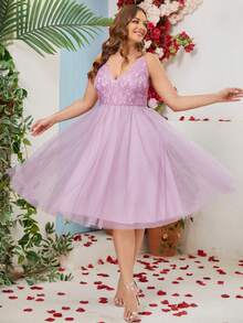 Plus Size Elegant Lace Contrast Mesh Formal Dress - Dusty Purple - View 6