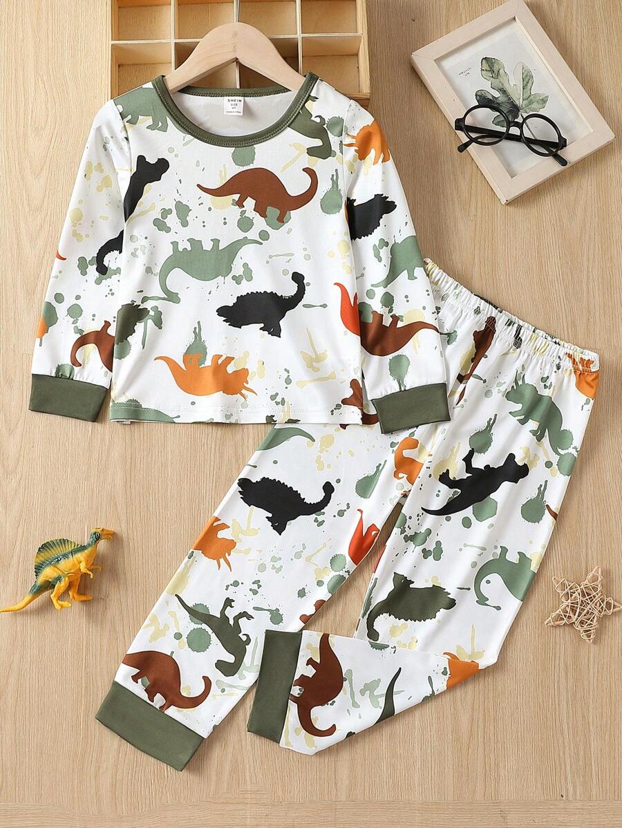 Young Boy Dinosaur Print Contrast Binding PJ Set - Multicolor - View 1
