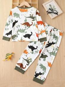 Young Boy Dinosaur Print Contrast Binding PJ Set - Multicolor - View 2