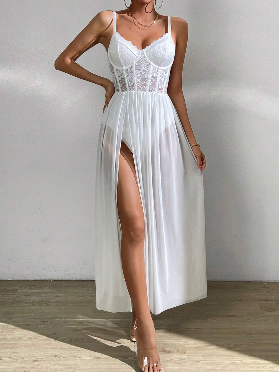 Allurite Ren tương phản Tách đùi Váy Dây - trắng - Xem 1