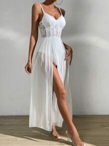 Allurite Ren tương phản Tách đùi Váy Dây - trắng - Xem 4