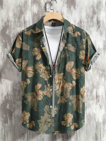 OTTIMOZO 男士花卉印花紐扣短袖圖形多彩外出復古襯衫，適合丈夫