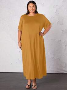 SHEIN CURVE+ Plus Solid Tee Dress - Mustard Yellow - View 1