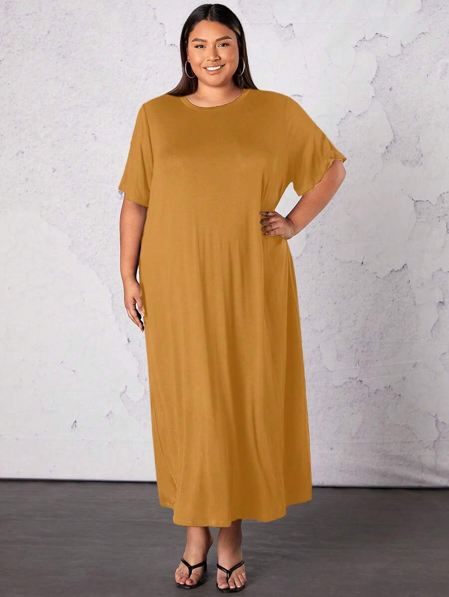 SHEIN CURVE+ Plus Solid Tee Dress - Mustard Yellow - View 1