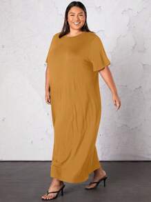 SHEIN CURVE+ Plus Solid Tee Dress - Mustard Yellow - View 3
