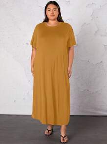 SHEIN CURVE+ Plus Solid Tee Dress - Mustard Yellow - View 4