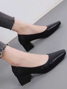 女性方頭粗跟淺口高跟鞋,優雅黑色高跟鞋 - 黑色 - 查看 1