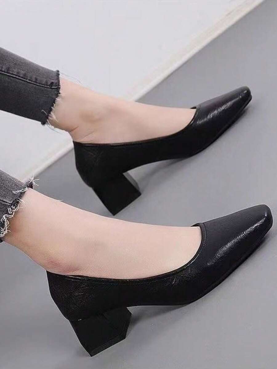 女性方頭粗跟淺口高跟鞋,優雅黑色高跟鞋 - 黑色 - 查看 1