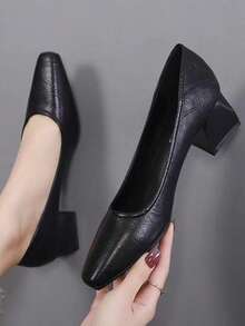 女性方頭粗跟淺口高跟鞋,優雅黑色高跟鞋 - 黑色 - 查看 2