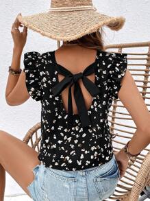 SHEIN Frenchy 滿版印花後綁帶荷葉邊襯衫 - 黑色 - 查看 1