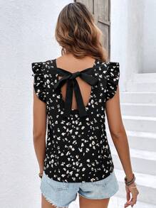 SHEIN Frenchy 滿版印花後綁帶荷葉邊襯衫 - 黑色 - 查看 4