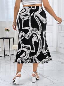 SHEIN Privé 大碼圖案印花高腰半身裙 - 黑與白 - 查看 2