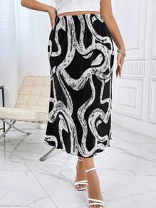 SHEIN Privé 大碼圖案印花高腰半身裙 - 黑與白 - 查看 3