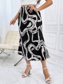 SHEIN Privé 大碼圖案印花高腰半身裙 - 黑與白 - 查看 4