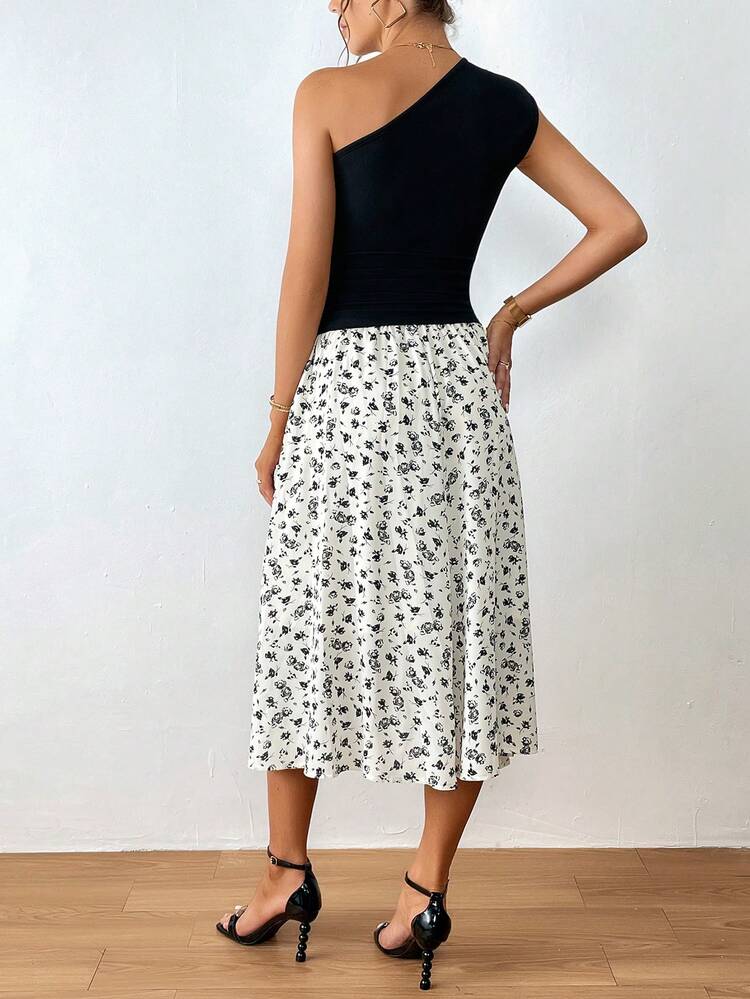 One Shoulder Top & Ditsy Floral Print Skirt