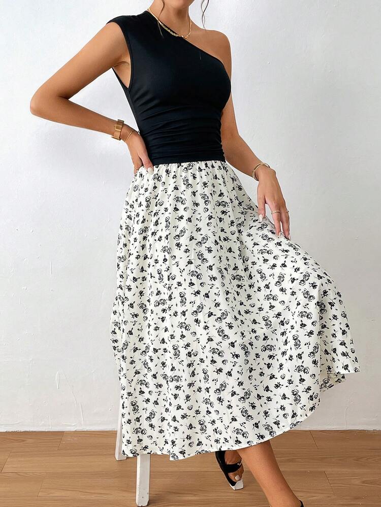 One Shoulder Top & Ditsy Floral Print Skirt