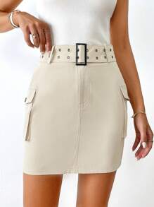 SHEIN Essnce Flap Pocket Belted Cargo Skirt - Khaki - View 1
