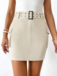 SHEIN Essnce Flap Pocket Belted Cargo Skirt - Khaki - View 3