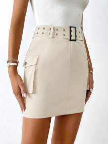 SHEIN Essnce Flap Pocket Belted Cargo Skirt - Khaki - View 4