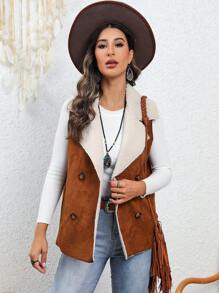 RELISH NOLESS Double Breasted Teddy Lined Vest Coat - Camel - View 1