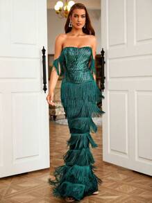 LOVE&LEMONADE 一字肩流蘇邊亮片魚尾裙下擺正式連衣裙 - 墨綠色 - 查看 1