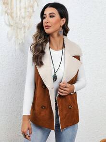 RELISH NOLESS Double Breasted Teddy Lined Vest Coat - Camel - View 3