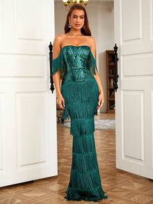 LOVE&LEMONADE 一字肩流蘇邊亮片魚尾裙下擺正式連衣裙 - 墨綠色 - 查看 3