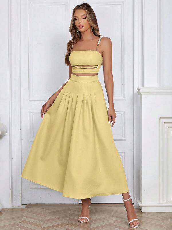 2pcs Set: Elegant Pearl Strap Cropped Top And Maxi Skirt, Fashionable