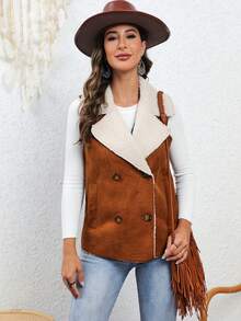 RELISH NOLESS Double Breasted Teddy Lined Vest Coat - Camel - View 4