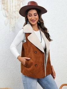 RELISH NOLESS Double Breasted Teddy Lined Vest Coat - Camel - View 6