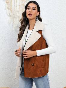 RELISH NOLESS Double Breasted Teddy Lined Vest Coat - Camel - View 7