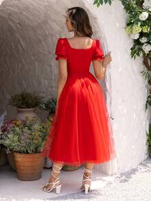 Joyfunear Vestido de mujer con manga de volantes, diseño de superposición de malla y bajo elegante y vibrante para ocasiones festivas - Rojo - Ver 2