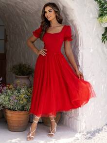 Joyfunear Vestido de mujer con manga de volantes, diseño de superposición de malla y bajo elegante y vibrante para ocasiones festivas - Rojo - Ver 3