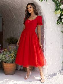 Joyfunear Vestido de mujer con manga de volantes, diseño de superposición de malla y bajo elegante y vibrante para ocasiones festivas - Rojo - Ver 4