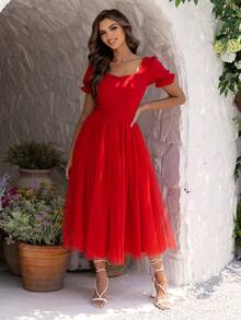 Joyfunear Vestido de mujer con manga de volantes, diseño de superposición de malla y bajo elegante y vibrante para ocasiones festivas - Rojo - Ver 5