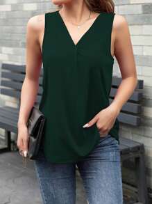 AAmilife Solid V Neck Tank Top - Dark Green - View 1
