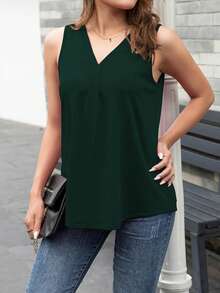 AAmilife Solid V Neck Tank Top - Dark Green - View 4
