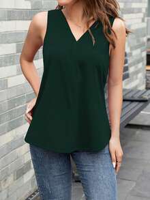 AAmilife Solid V Neck Tank Top - Dark Green - View 5