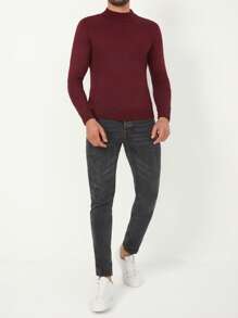 RueChic Men Solid Mock Neck Sweater - Burgundy - View 3