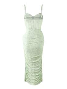 SHEIN Unity Ren tương phản Xù Bustier Váy Cami Bodycon - Màu xanh Bạc hà - Xem 2