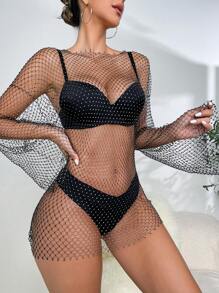 Zolique Rhinestone Studded Fishnet Mesh Dress Without Lingerie Set - Black - View 1