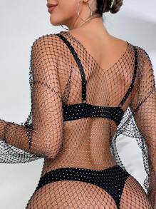 Zolique Rhinestone Studded Fishnet Mesh Dress Without Lingerie Set - Black - View 2