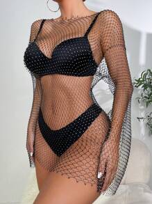 Zolique Rhinestone Studded Fishnet Mesh Dress Without Lingerie Set - Black - View 6