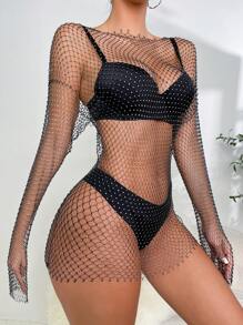 Zolique Rhinestone Studded Fishnet Mesh Dress Without Lingerie Set - Black - View 7