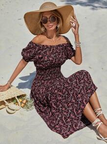 EURMUSE Ditsy Floral Print Off Shoulder Puff Sleeve Dress - Multicolor - View 3