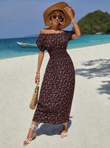 EURMUSE Ditsy Floral Print Off Shoulder Puff Sleeve Dress - Multicolor - View 5