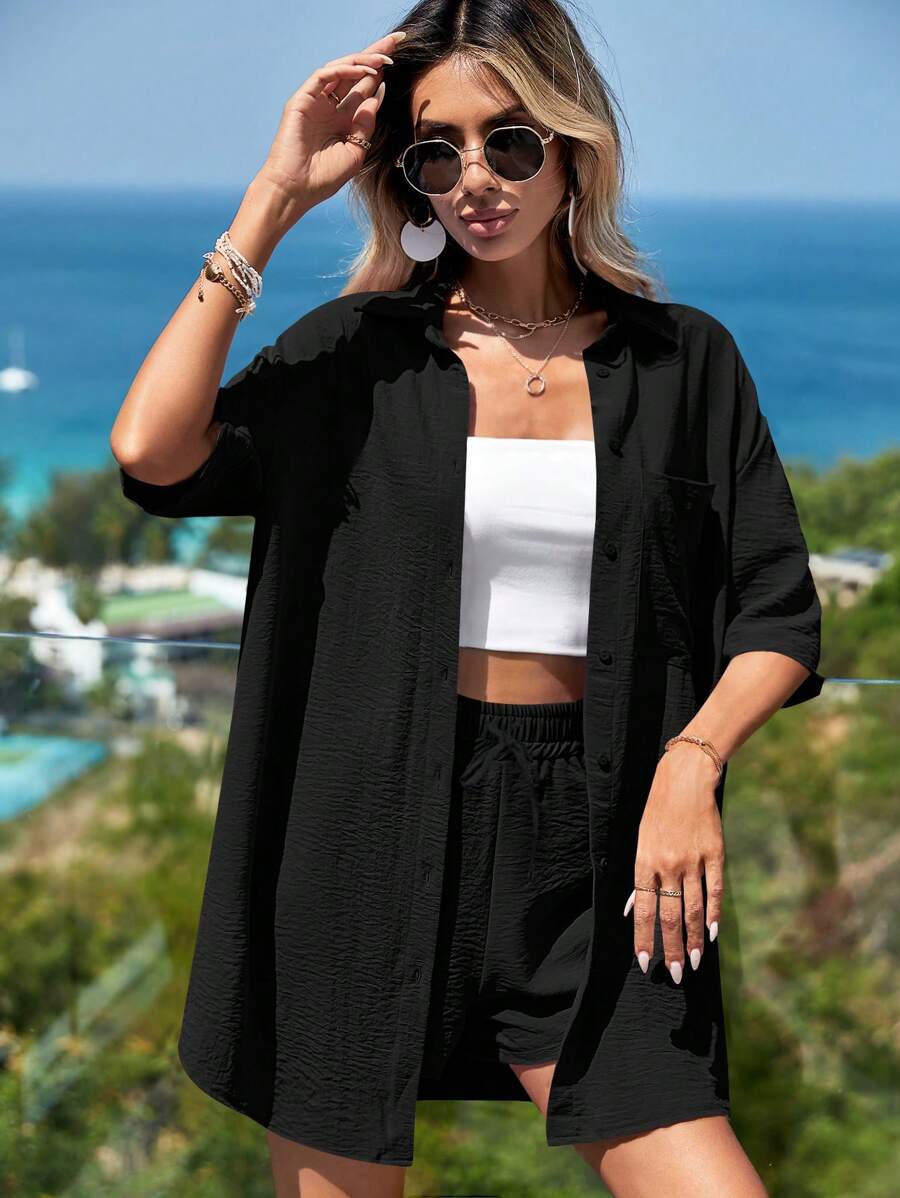 EURMUSE Solid Drop Shoulder Shirt & Shorts - Black - View 1