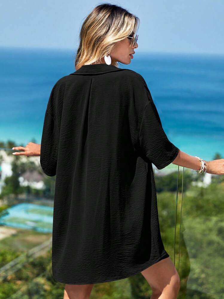 Camisa sólida con hombros caídos y pantalones cortos - Negro - Ver 2