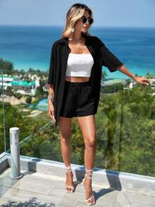 EURMUSE Solid Drop Shoulder Shirt & Shorts - Black - View 7