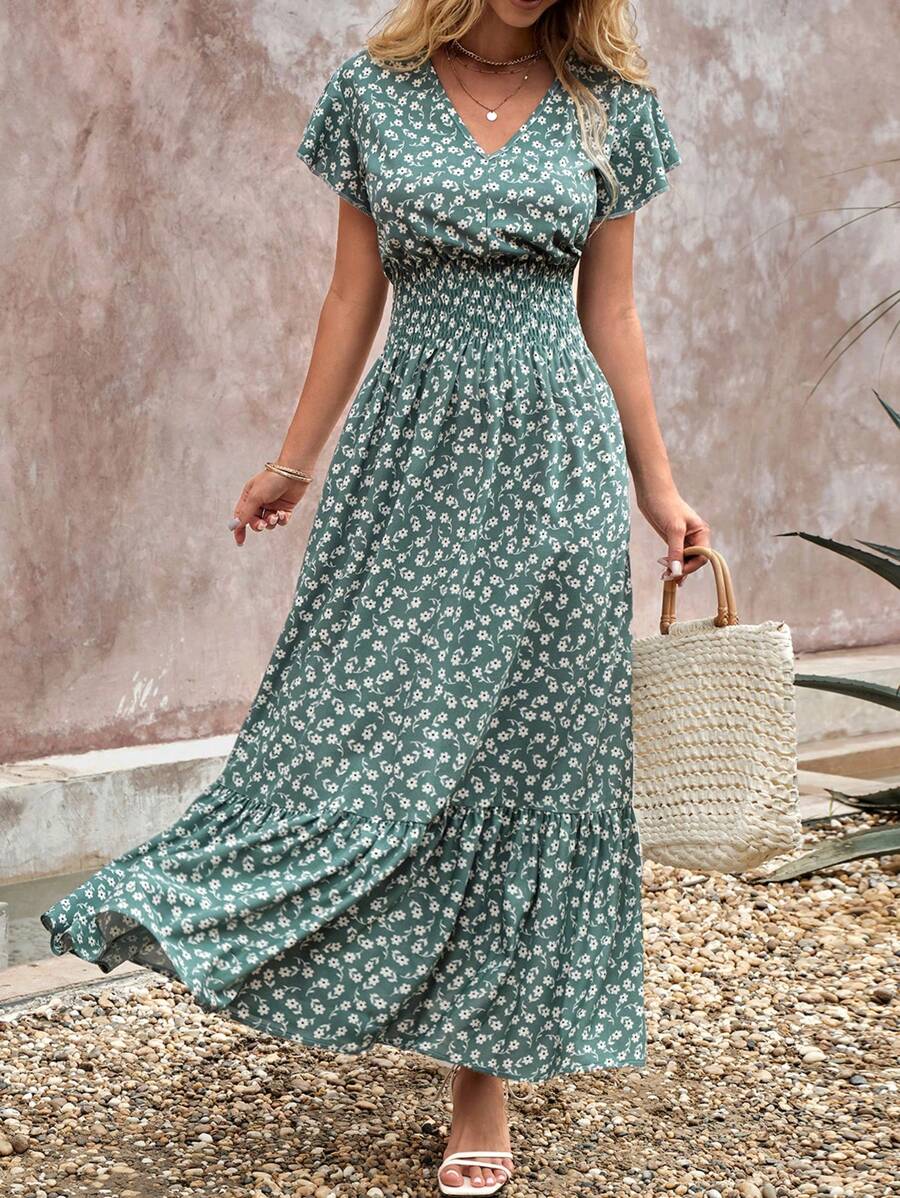 RueChic Ditsy Floral Print Shirred Waist Ruffle Hem Dress - Green - View 1